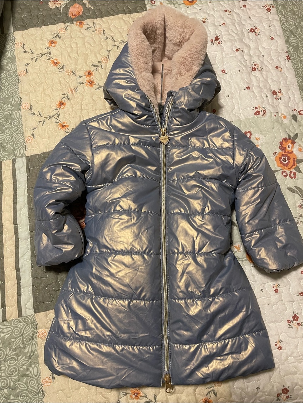 Le Chic Shiny Lavendar Girls' Hooded Puffer Coat with Faux Fur Lining